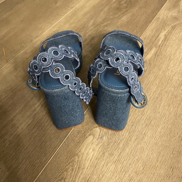 Larroudé Dolly Broderie Sandal In Blue Stoned Denim. - Picture 5 of 7